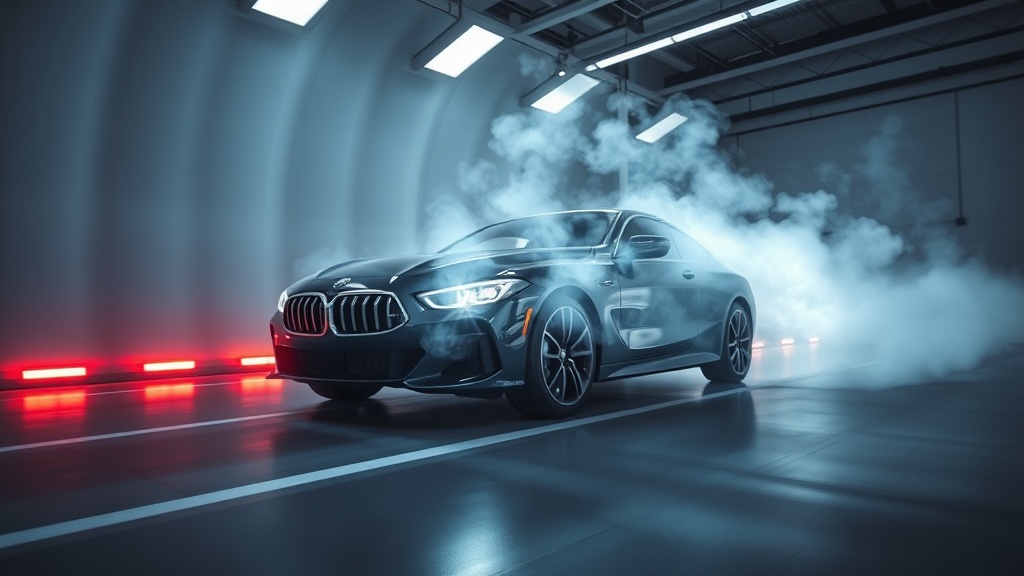 풍동 실험실에서 자동차 주변의 공기 흐름을 시각화하여 공기역학적 효율성을 테스트하는 장면