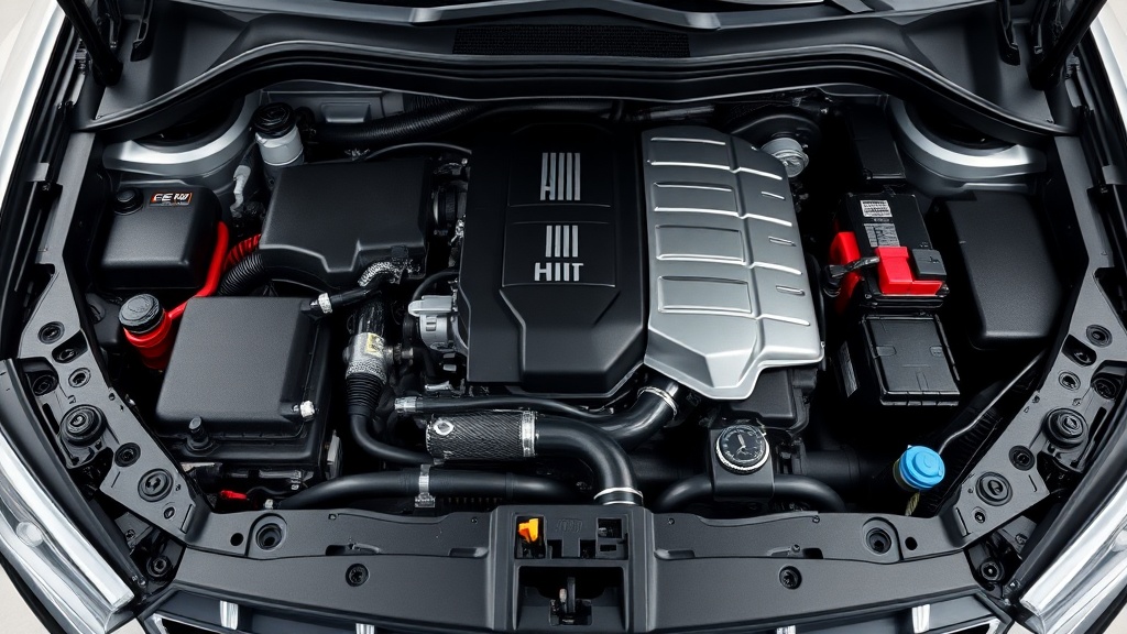 하이브리드 시스템이 탑재된 SUV의 엔진룸 구조와 배터리 배치도