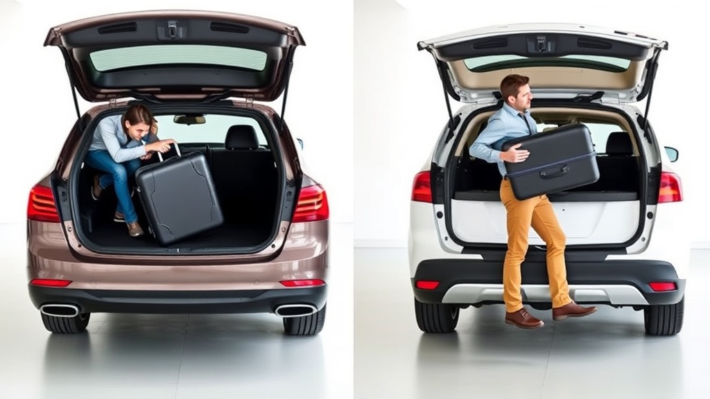 차량의 트렁크 높이에 따라 짐을 싣는 자세가 달라지는 모습