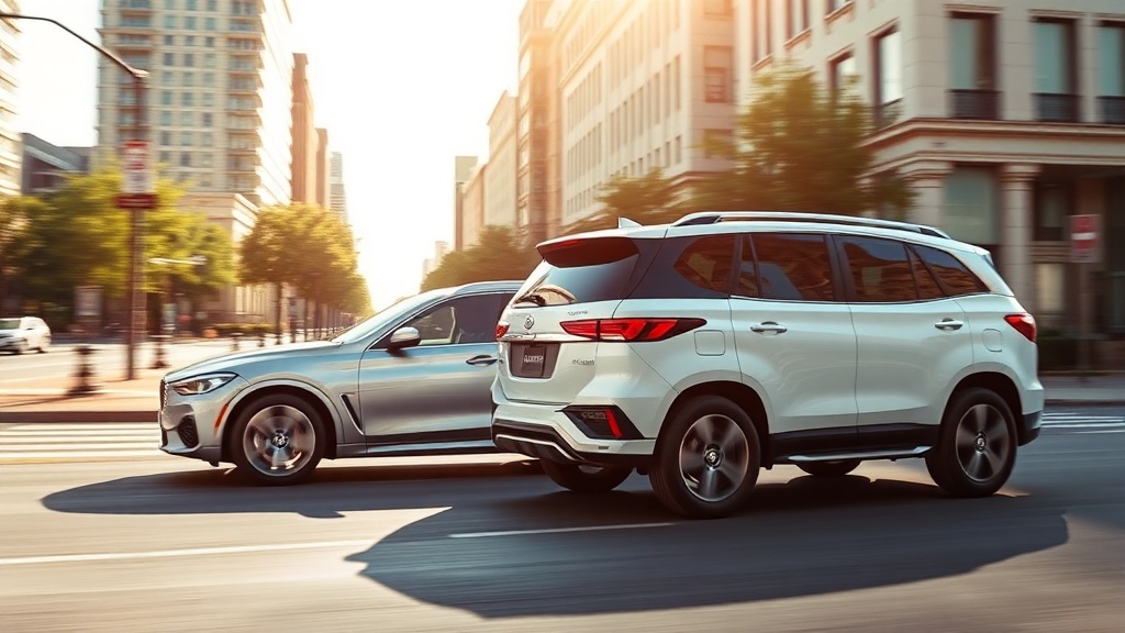 도심 도로 위를 나란히 달리고 있는 세단과 SUV의 주행 모습